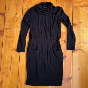 Cotton Black Cowl Neck Long-Sleeve Sweater Dress with Pockets